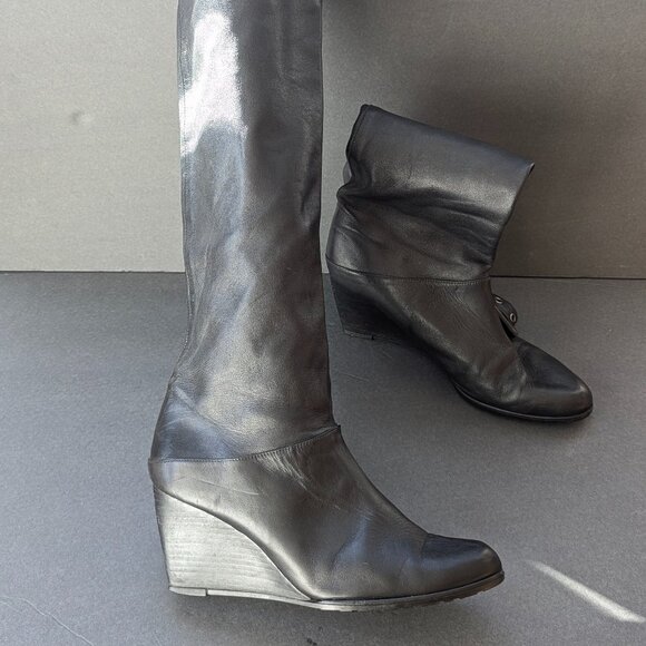 Stuart Weitzman Wedge Knee High Leather Boots Black Size 9 - Picture 2 of 12